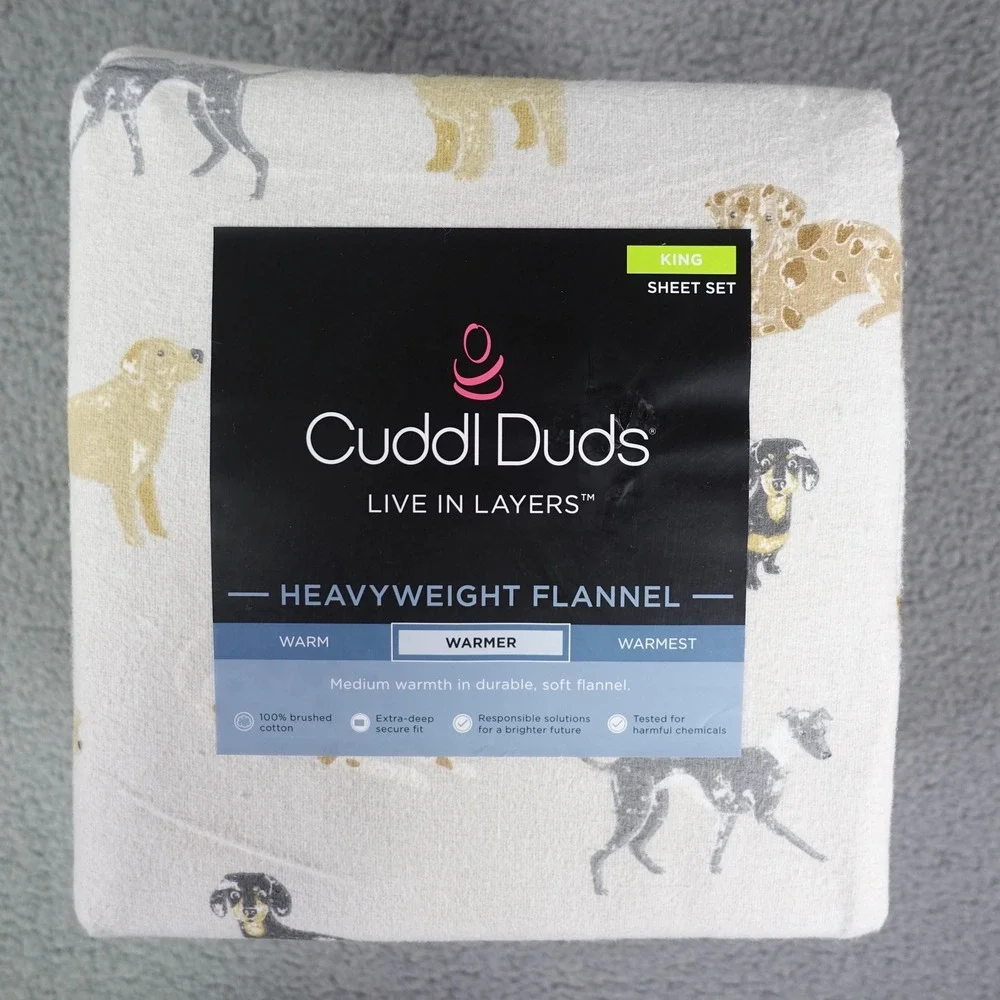 Cuddl Duds King Sheet Set Heavyweight Flannel Dog Toss 100% Cotton 4pc New